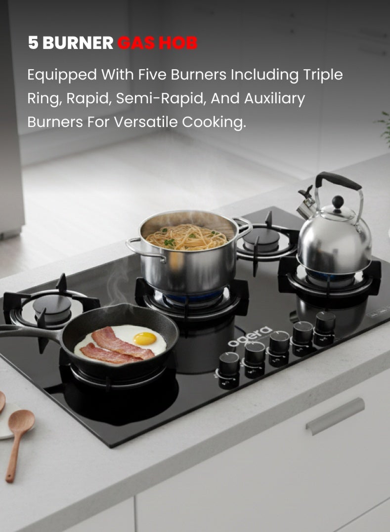 أوجيرا موقد غاز مدمج 5 في 1 مع شعلة حلقة ثلاثية، سطح زجاج مقوّى، متوافق مع غاز LPG، دعامات أواني من الحديد الزهر، مقابض معدنية | ضمان لمدة سنتين - Image 2